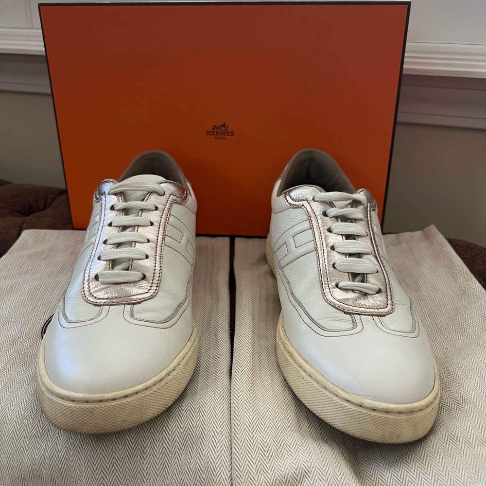 Hermes Women’s White Leather Low-Top Sneakers with Metallic Trim